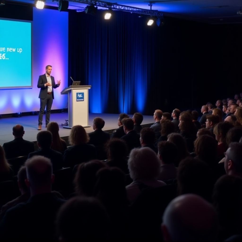 A speaker presenting at a conference.