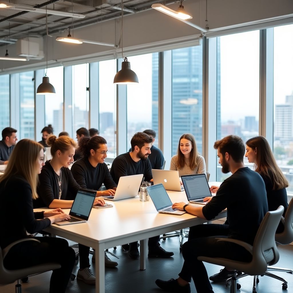 A modern co-working space in Australia with developers at their desks.