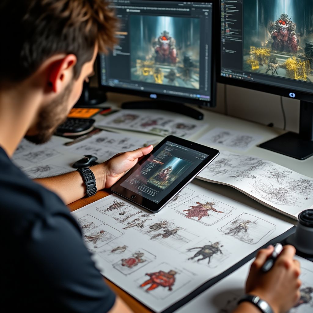 Game designer sketching character concepts and level layouts.