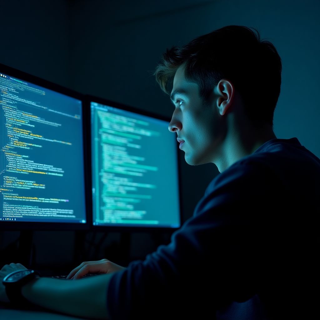 Software programmer coding on a multi-monitor setup.