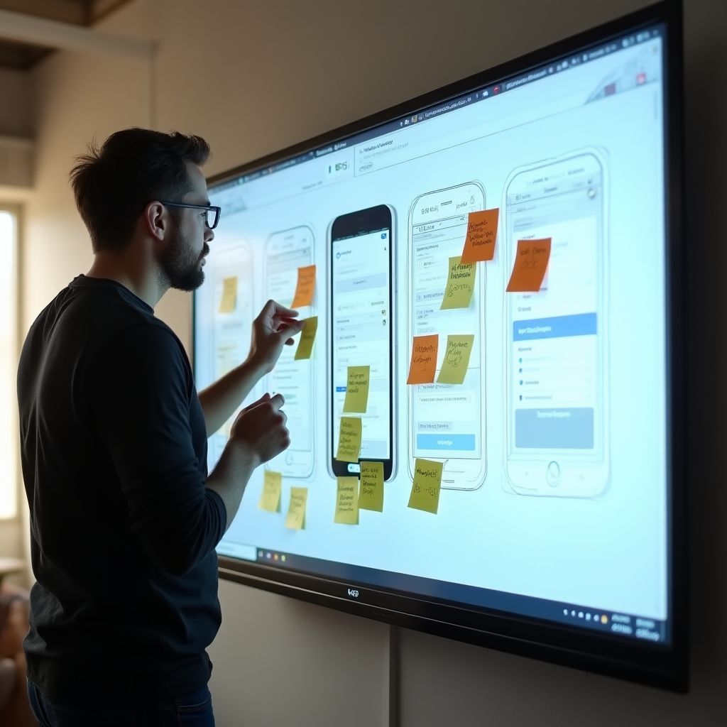 UI/UX designer working on an application's interface flow on a digital whiteboard.