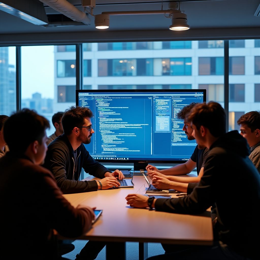 A diverse team of developers collaborating on a project in a modern Australian office.